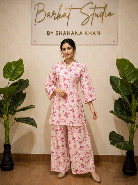 Women's Pink Floral Printed Cotton Co-ord Set
