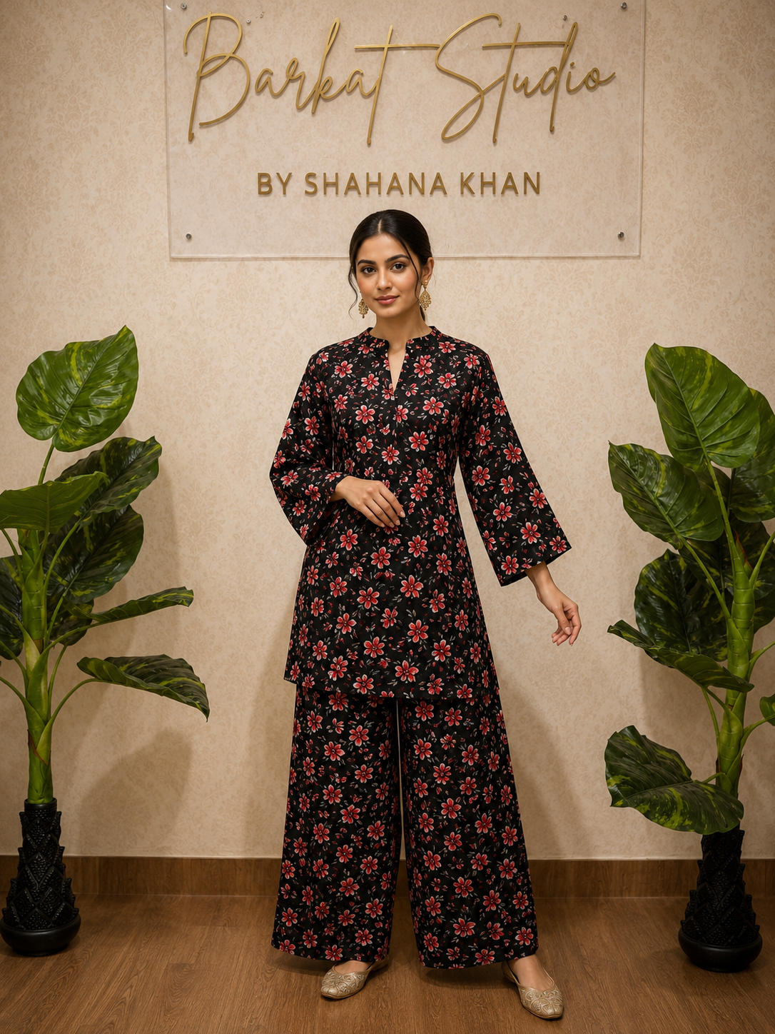 Women's Black Floral Printed Cotton Co-ord Set
