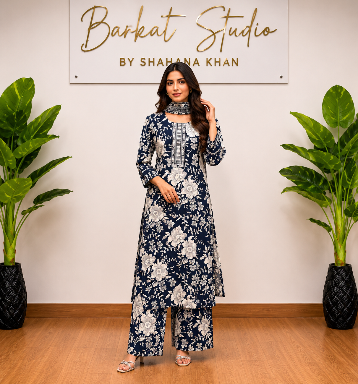 Women's Navy Blue Floral Printed Cotton Kurti Pant Set with Dupatta