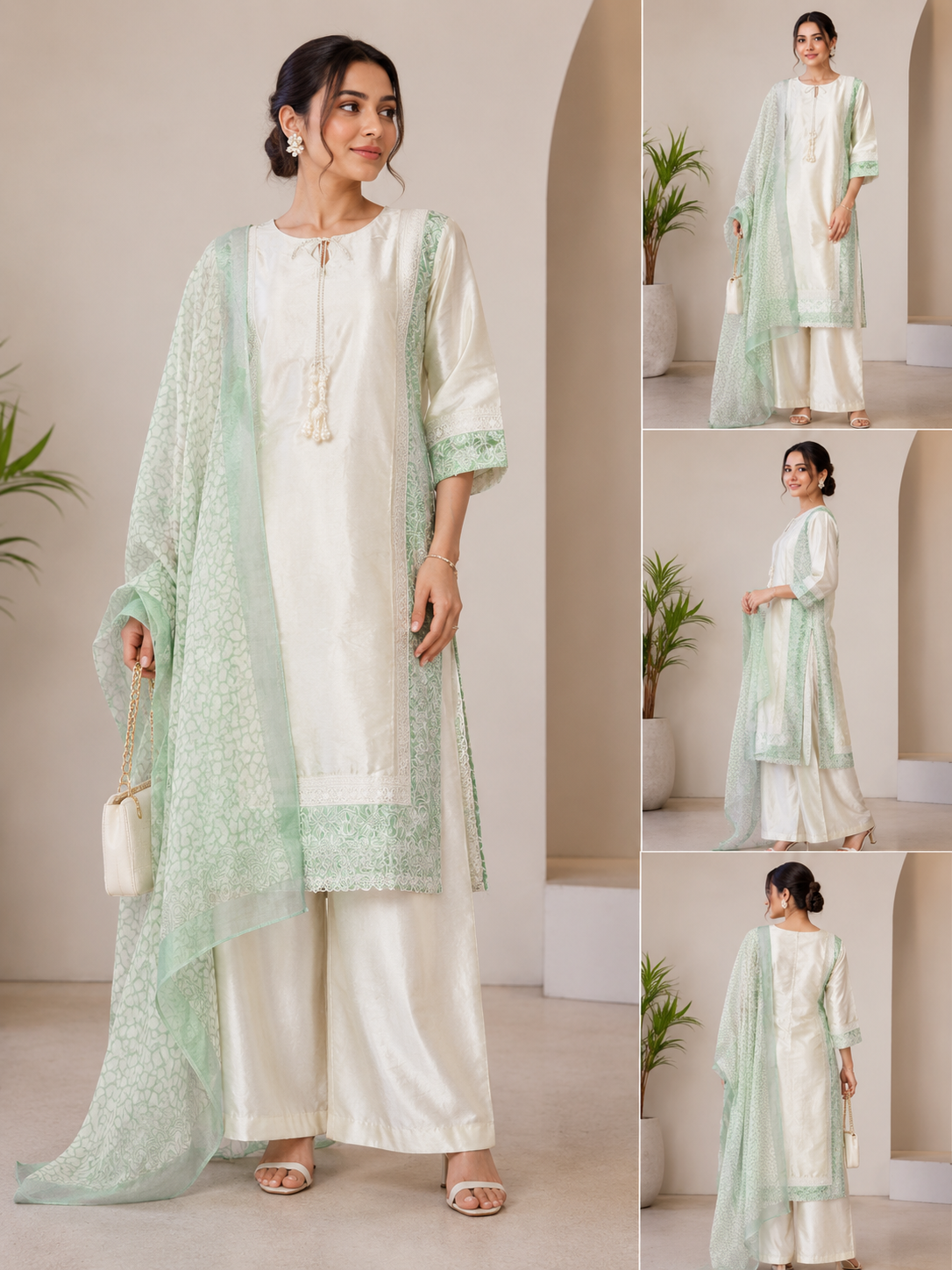 Elegant Cream Kurta Set with Contrast Dupatta- Farshi Dress