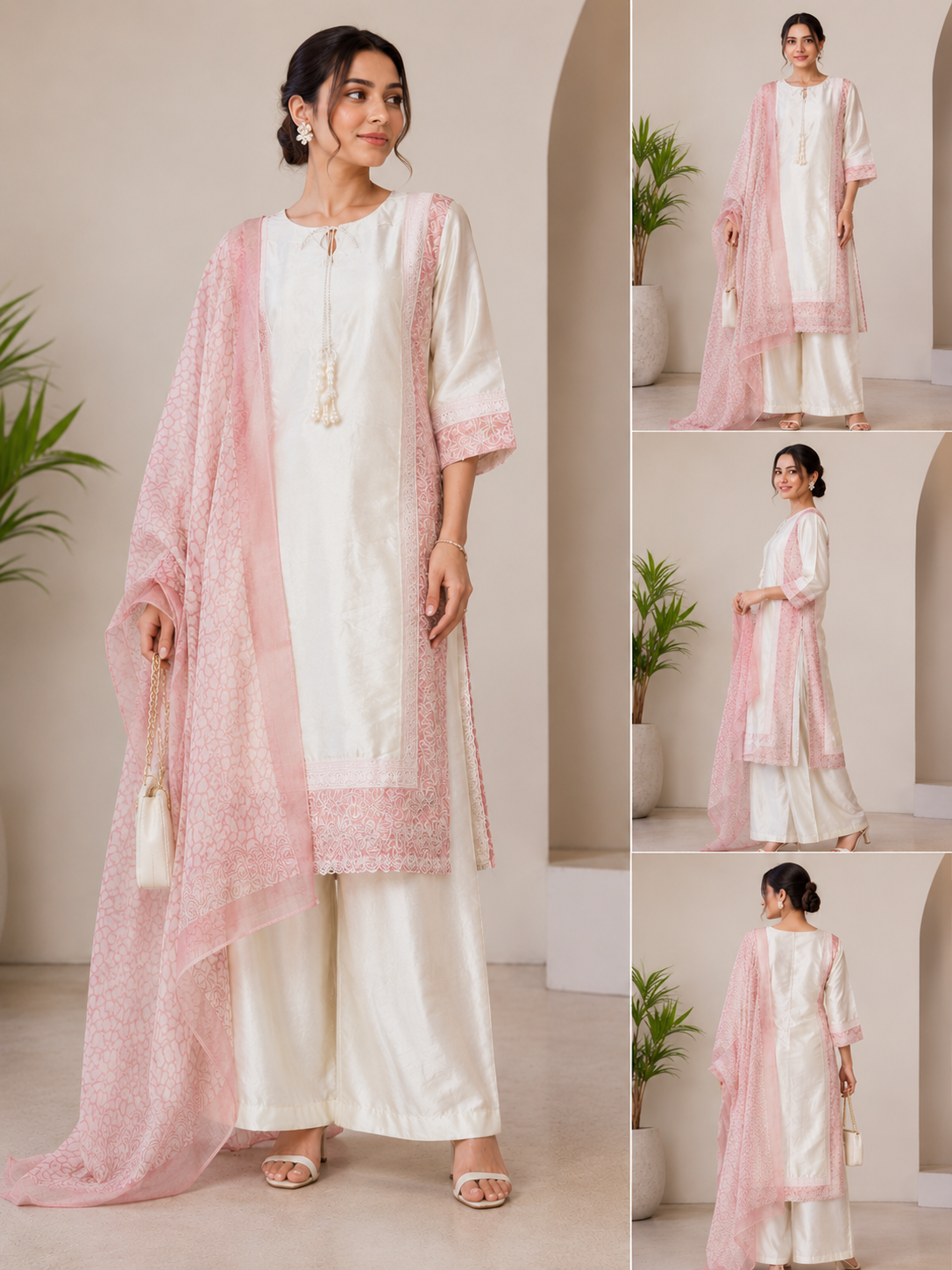 Elegant Cream Kurta Set with Contrast Dupatta- Farshi Dress