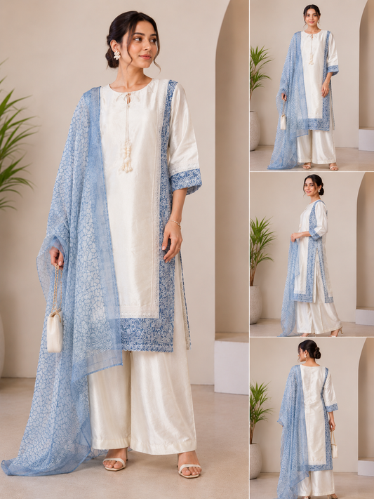 Elegant Cream Kurta Set with Contrast Dupatta- Farshi Dress
