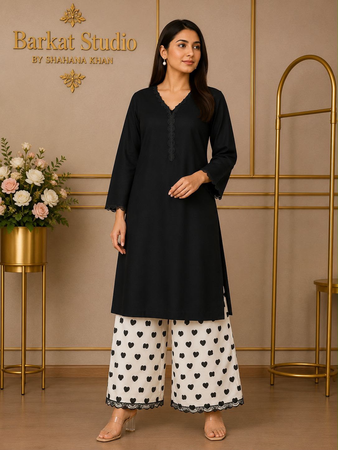 Viral cotton black co-ord set with lace detailing