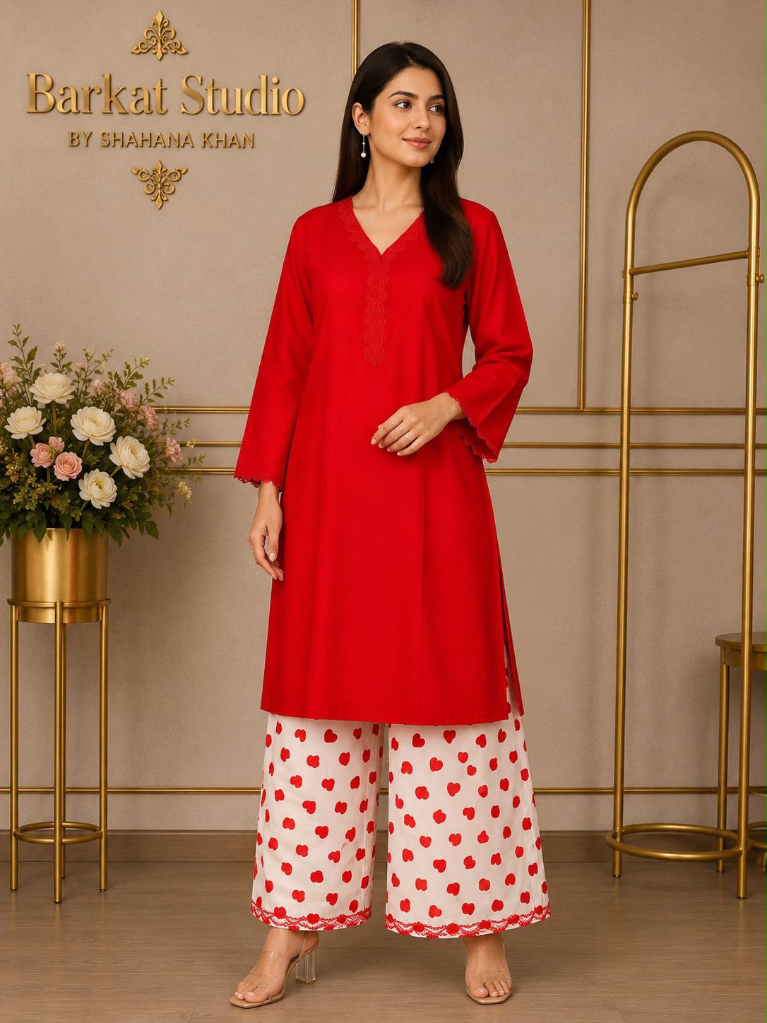 Viral cotton red co-ord set with lace detailing